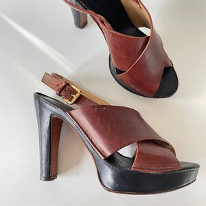 L’autre Chose Brown Leather Criss-Cross Sandle High Heel Clog Platform 7.5